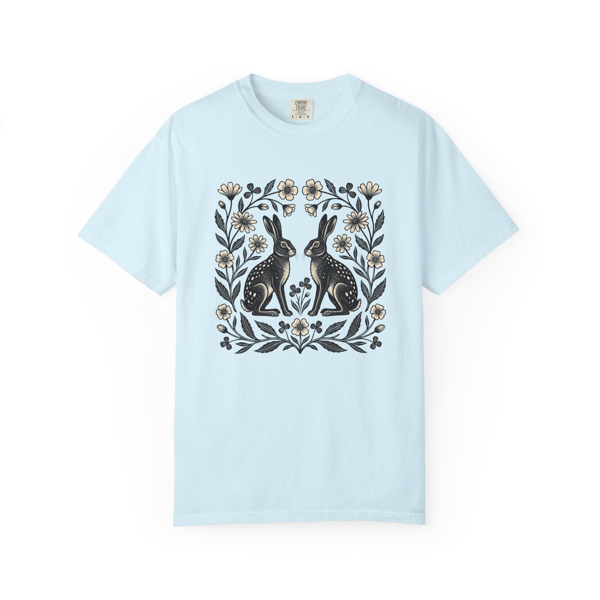 Bunny Bloom Shirt Animals & Flowers Plants Gift Women Sketch Tee Rabbit T-Shirt Floral Fan Drawing Design Primitive Field Flower Tshirt