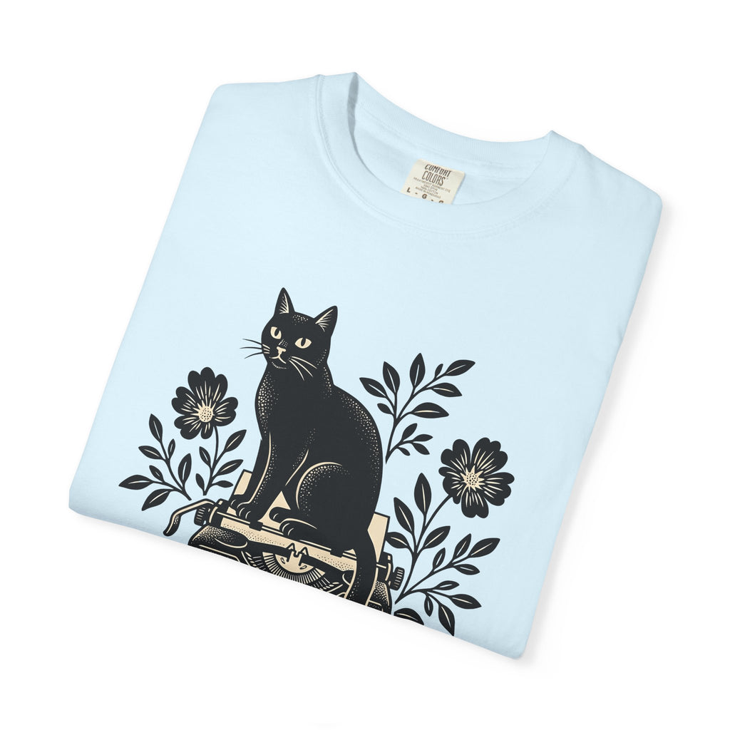 Black Cat Typewriter Shirt Cat Botanical Gift Women Hand Drawn Tee Cat T-Shirt Cat Fan Feline Tshirt Floral Graphic Line Art Flower Bouquet
