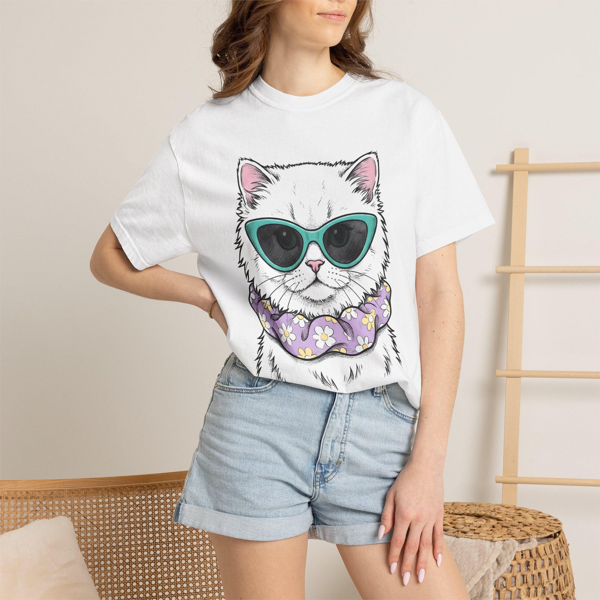 White Kitten Shirt Easter Pet Gift Women Sketch Tee Kitten T-Shirt Easter Fan Drawing Graphic Vintage Flower Scarf Tshirt