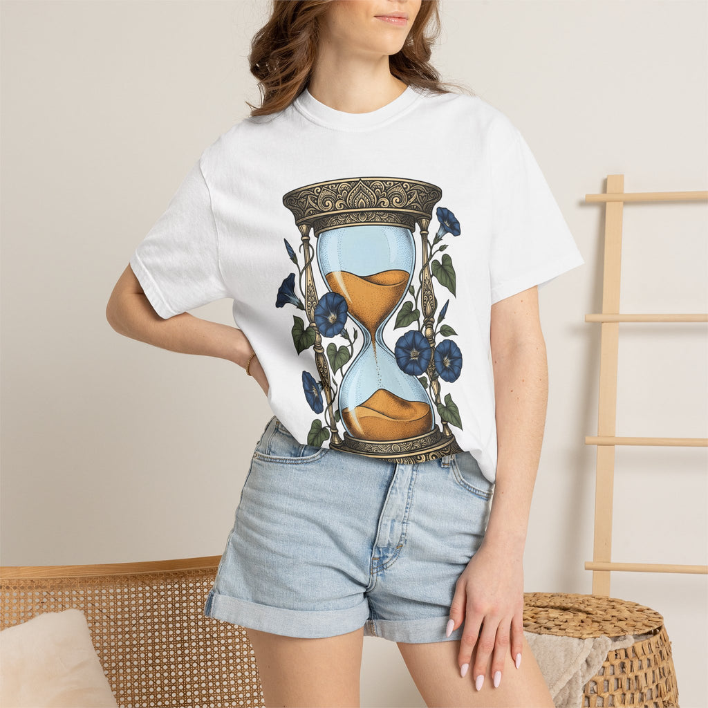 Hourglass Floral Shirt Boho Chic Botanical Gift Women Tattoo Tee Sand Timer T-Shirt Bohemian Fan Ink Tshirt Floral Graphic Vintage Blue