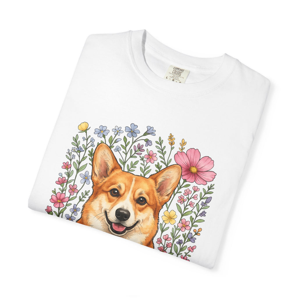 Corgi Pet Shirt Dog Blossoms Gift Women Line Art Tee Puppy T-Shirt Dog Fan Canine Tshirt Floral Graphic Pastel Garden Blooms Tshirt
