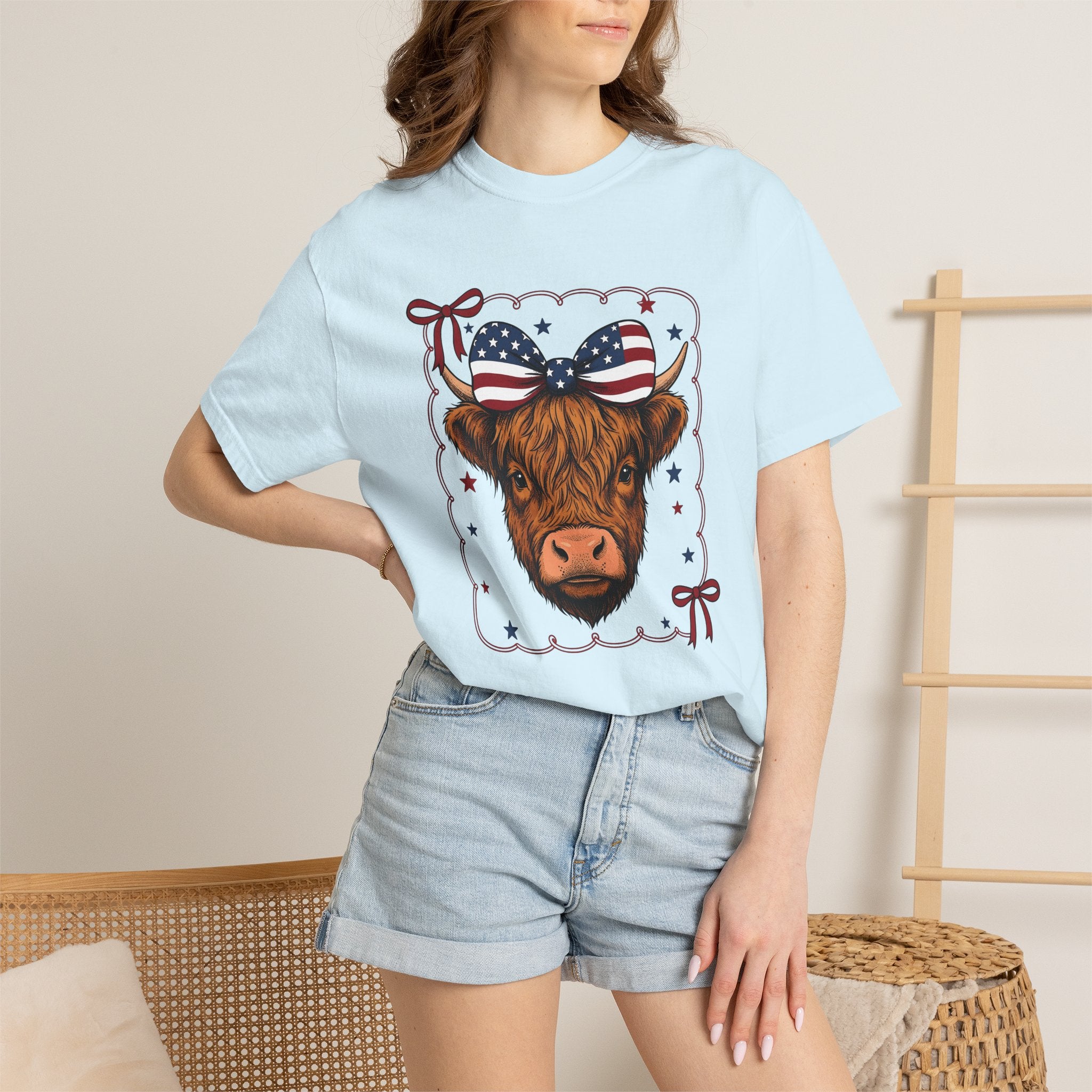 Scottish Cow Shirt America Agriculture Gift Women Retro Tee Highland Cow T-Shirt American Fan Vintage Tshirt Farming Graphic Sketch Flag Bow