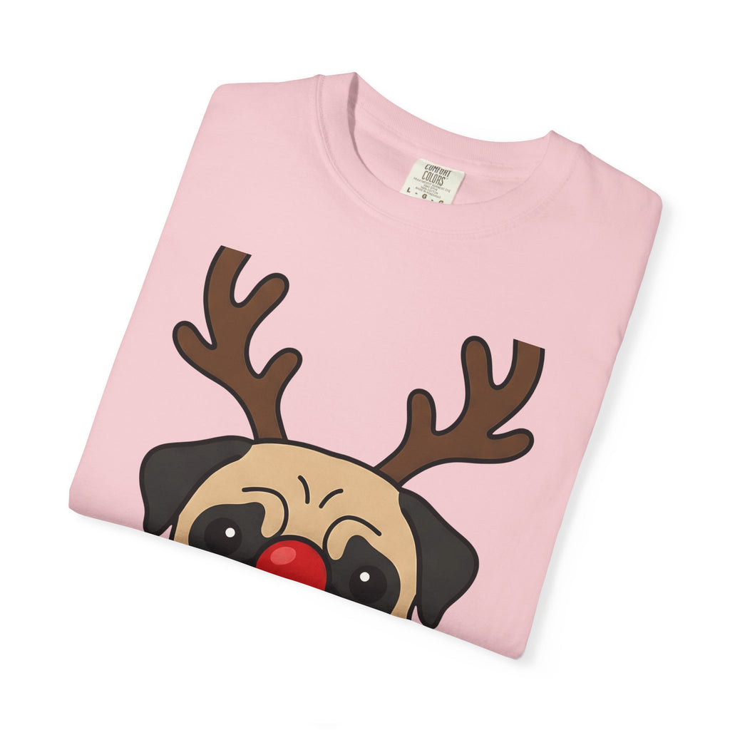 Pug Reindeer Shirt Christmas Dog Gift Women Cartoon Tee Reindeer T-Shirt Xmas Fan Comic Tshirt Dog Graphic Minimalist Red Nose Tshirt