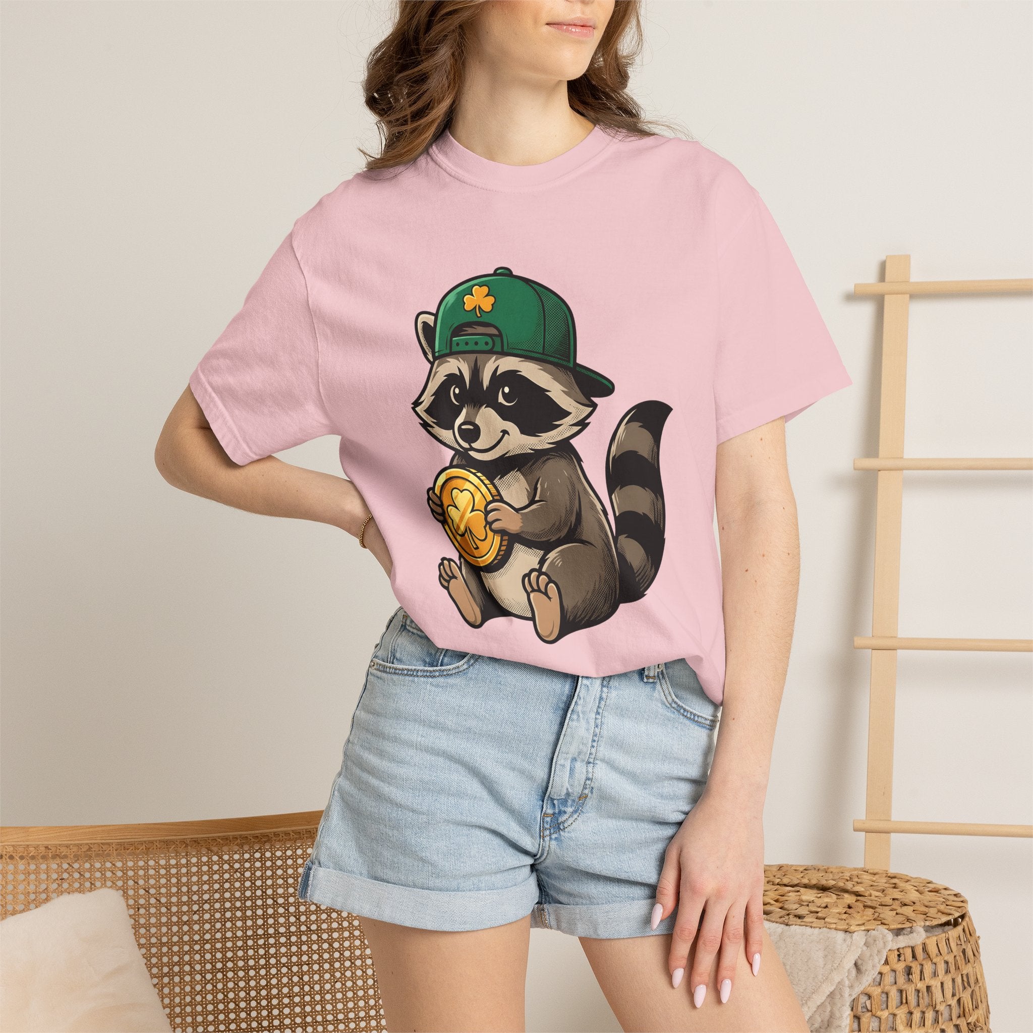 Raccoon Coin Shirt St Patrick's Day Animal Gift Women Cartoon Tee Coin Purse T-Shirt St Patricks Fan Cartoonish Tshirt Wildlife Graphic