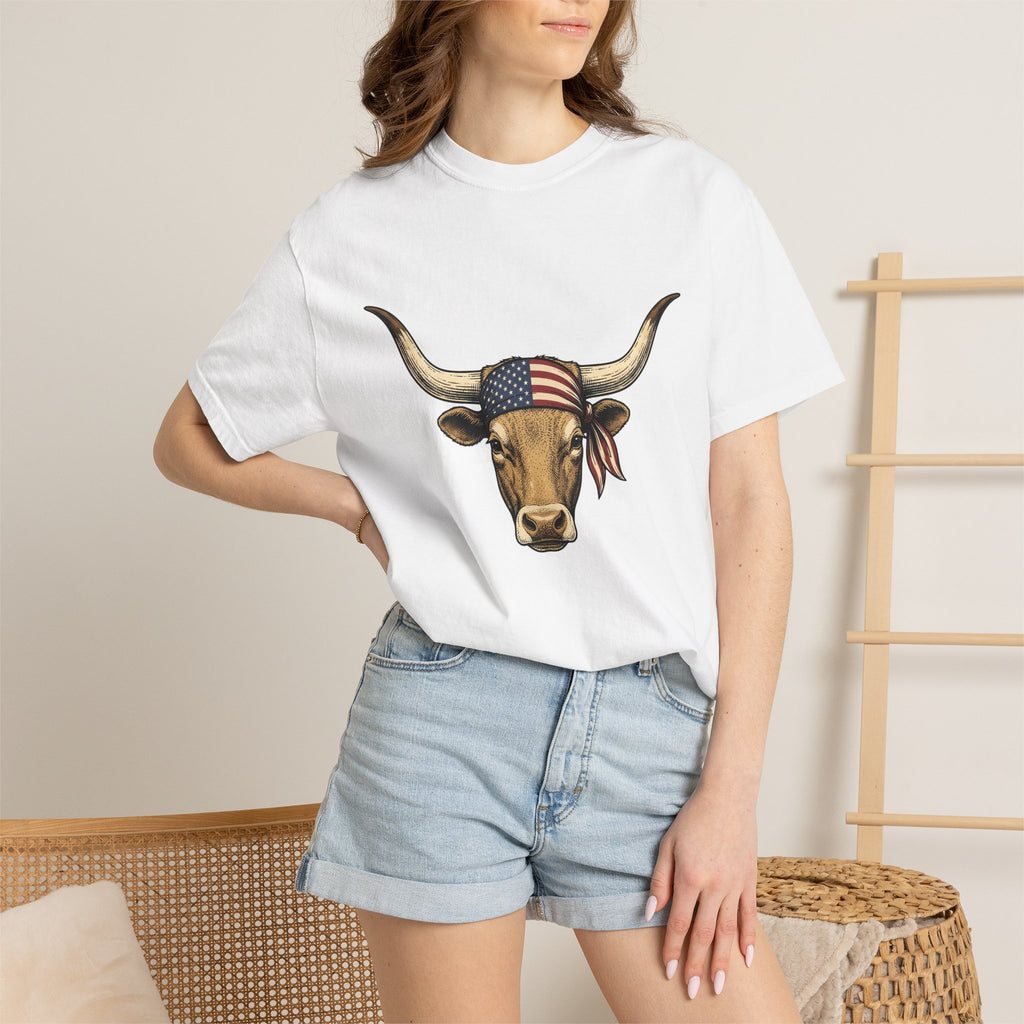 Steer Cattle Shirt 4th Of July Rodeo Gift Women Hand Sketched Tee Cowboy T-Shirt Independence Day Fan Cowboy Tshirt Rodeo Graphic Line Art