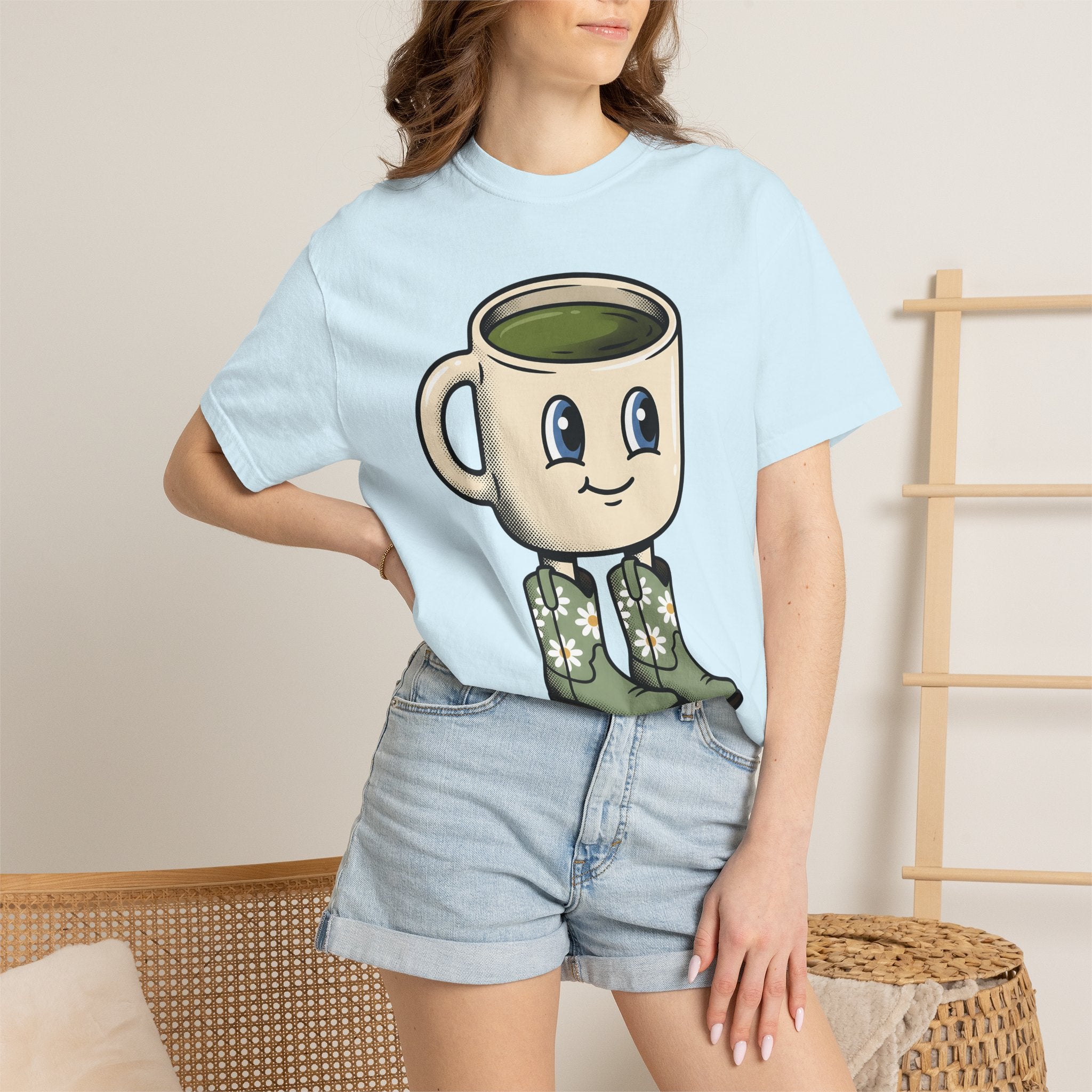Coffee Mug Mascot Shirt Coffee Cowgirl Gift Women Cute Tee Mascot T-Shirt Coffee Fan Kawaii Tshirt Rodeo Graphic Comic Western Boots Tshirt