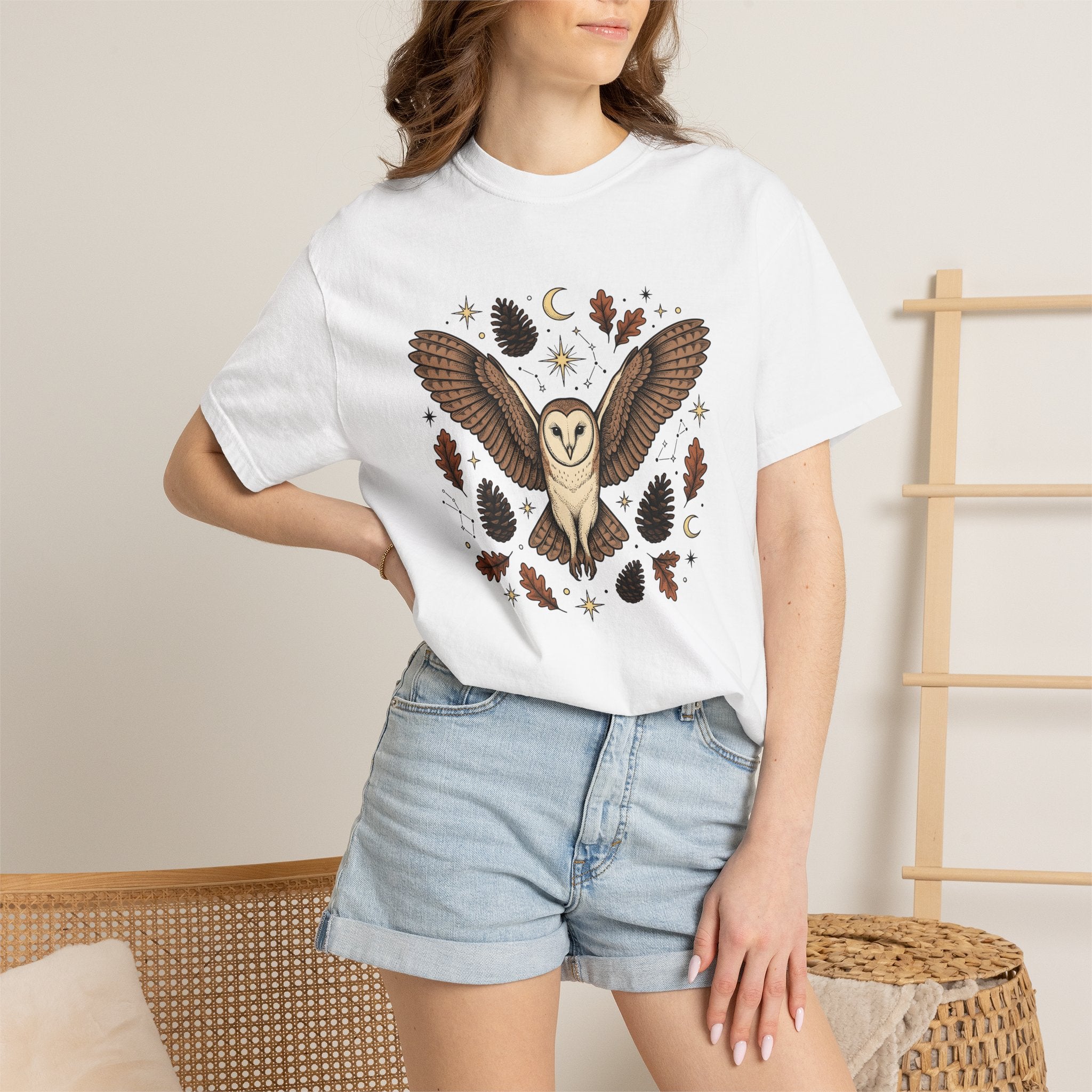 Barn Owl Shirt Animals Outdoors Gift Women Tribal Tee Owl T-Shirt Wildlife Enthusiast Primitive Tshirt Nature Graphic Antique Pinecone