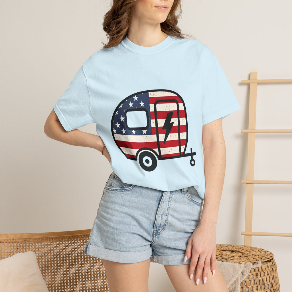 Camper Flag Shirt 4th Of July Camping Gift Women Vintage Tee Flag T-Shirt Patriot Fan Retro Tshirt Outdoor Graphic Distressed Lightning Bolt