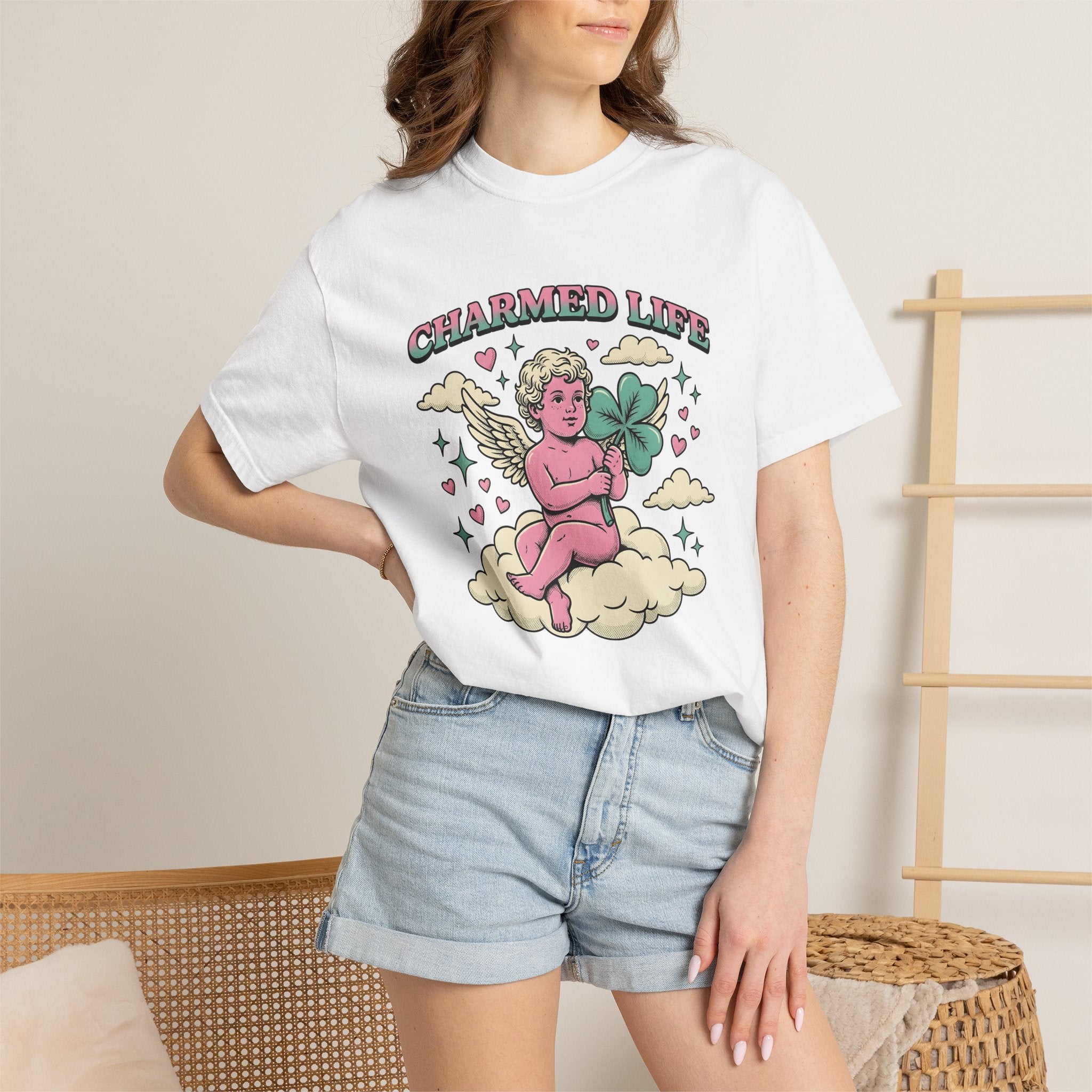 Angel Clover Shirt St Patricks Day Luck Gift Women Vintage Tee Shamrock T-Shirt St Patricks Fan Irish Tshirt Fortune Graphic Retro Cloud