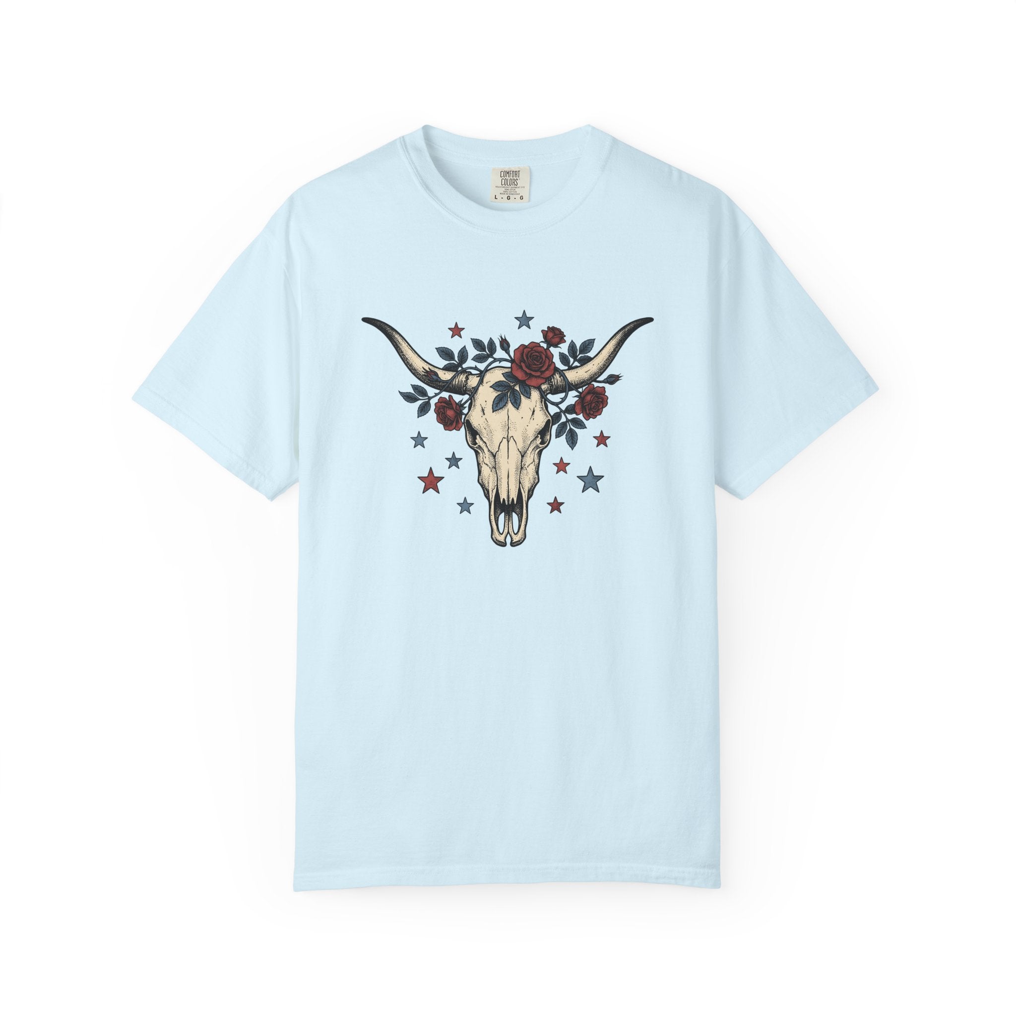 Cow Skull Shirt America Western Gift Women Tattoo Tee Bull Skull T-Shirt American Fan Ink Tshirt Rodeo Graphic Vintage Red Roses Tshirt