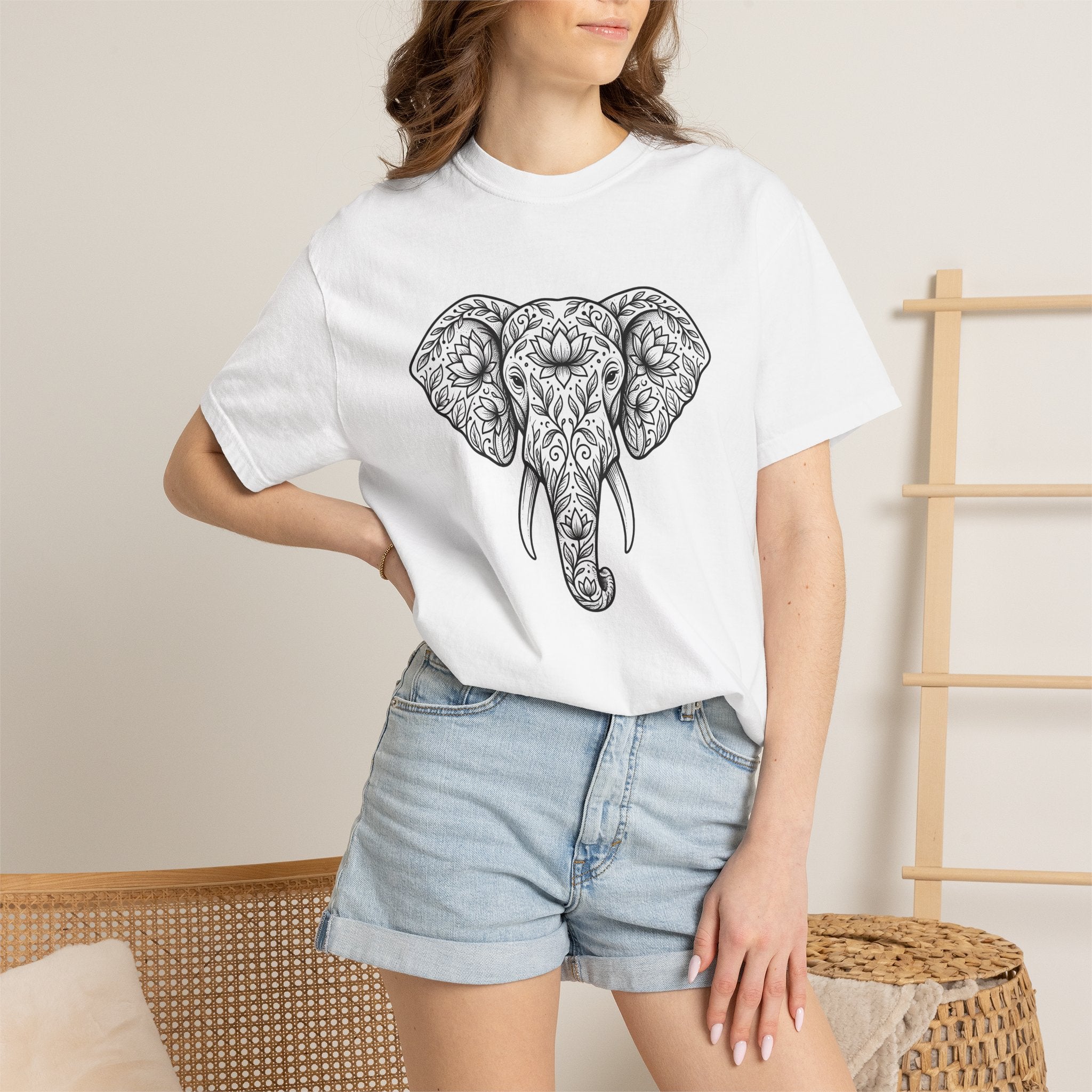 Elephant Blossom Shirt Boho Fauna Gift Women Tribal Tee Pachyderm T-Shirt Bohemian Fan Ethnic Tshirt Wildlife Graphic Henna Sacred Flower