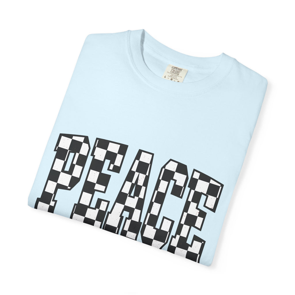 Checkered Text Shirt Peace Inspirational Gift Women Bold Tee Plaid T-Shirt Harmony Fan Graphic Design Minimalist Retro Pattern Tshirt