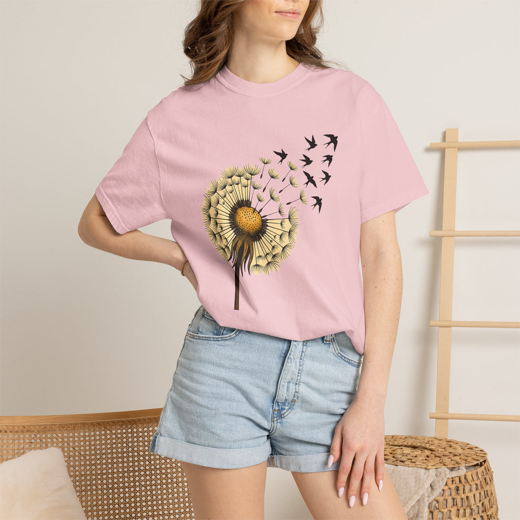 Dandelion Birds Shirt Animals & Flowers Nature Gift Women Botanical Tee Wildflower T-Shirt Wildlife Fan Floral Tshirt Environmental Graphic