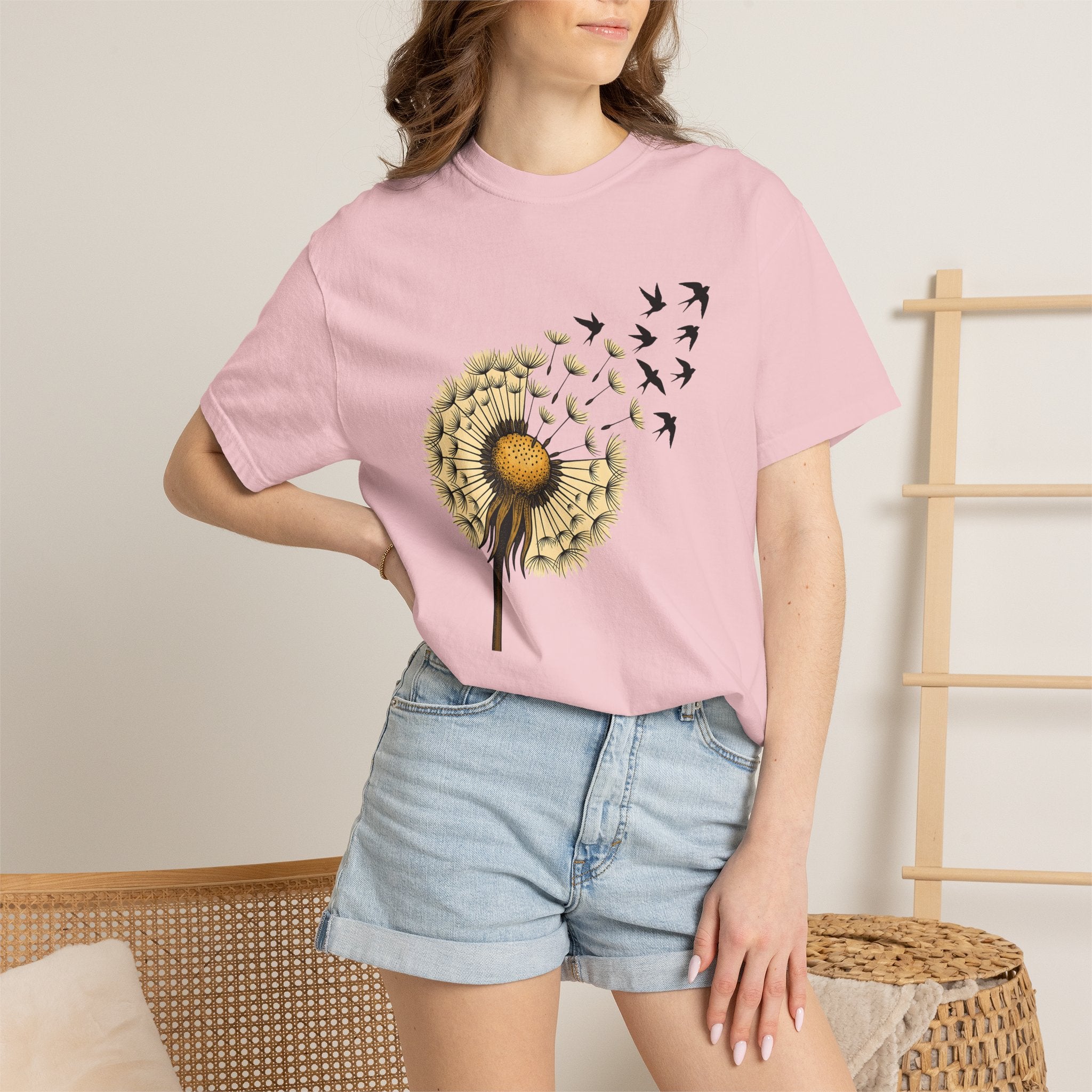 Dandelion Birds Shirt Animals & Flowers Nature Gift Women Botanical Tee Wildflower T-Shirt Wildlife Fan Floral Tshirt Environmental Graphic