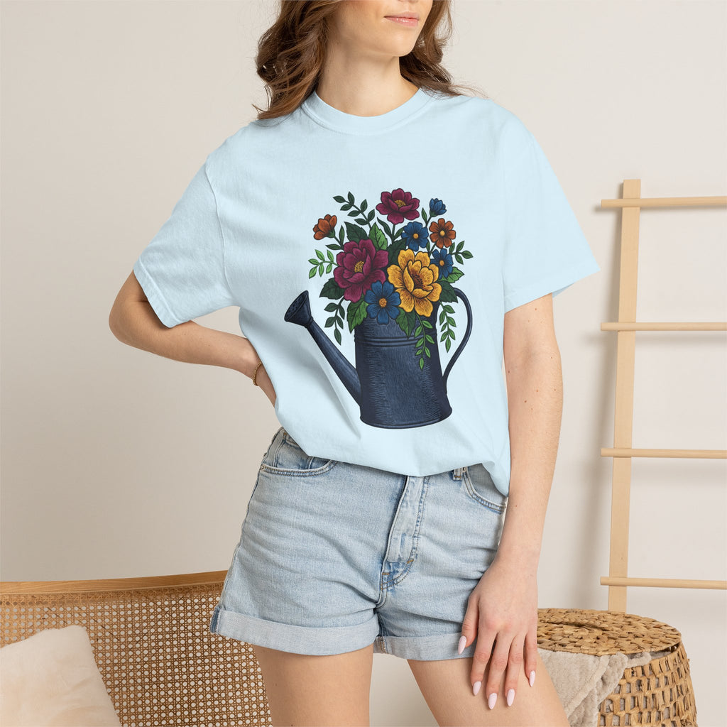 Flowers Watering Pitcher Shirt Easter Blossoms Gift Women Sewing Tee Watering Can T-Shirt Spring Fan Watercolor Tshirt Floral Graphic