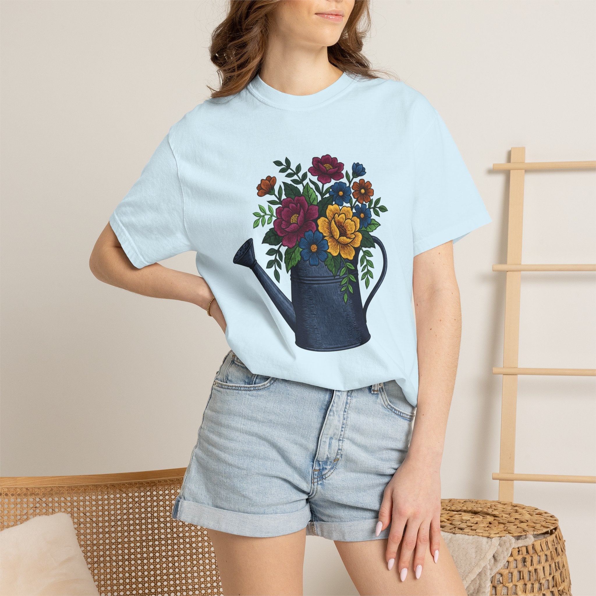 Flowers Watering Pitcher Shirt Easter Blossoms Gift Women Sewing Tee Watering Can T-Shirt Spring Fan Watercolor Tshirt Floral Graphic