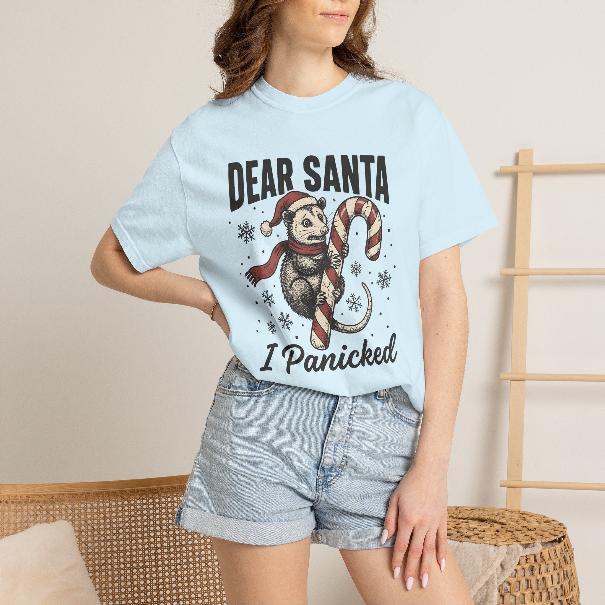 Possum Candy Cane Shirt Christmas Humor Gift Women Vintage Tee Opossum T-Shirt Xmas Fan Retro Tshirt Funny Graphic Hand Drawn Snowflakes