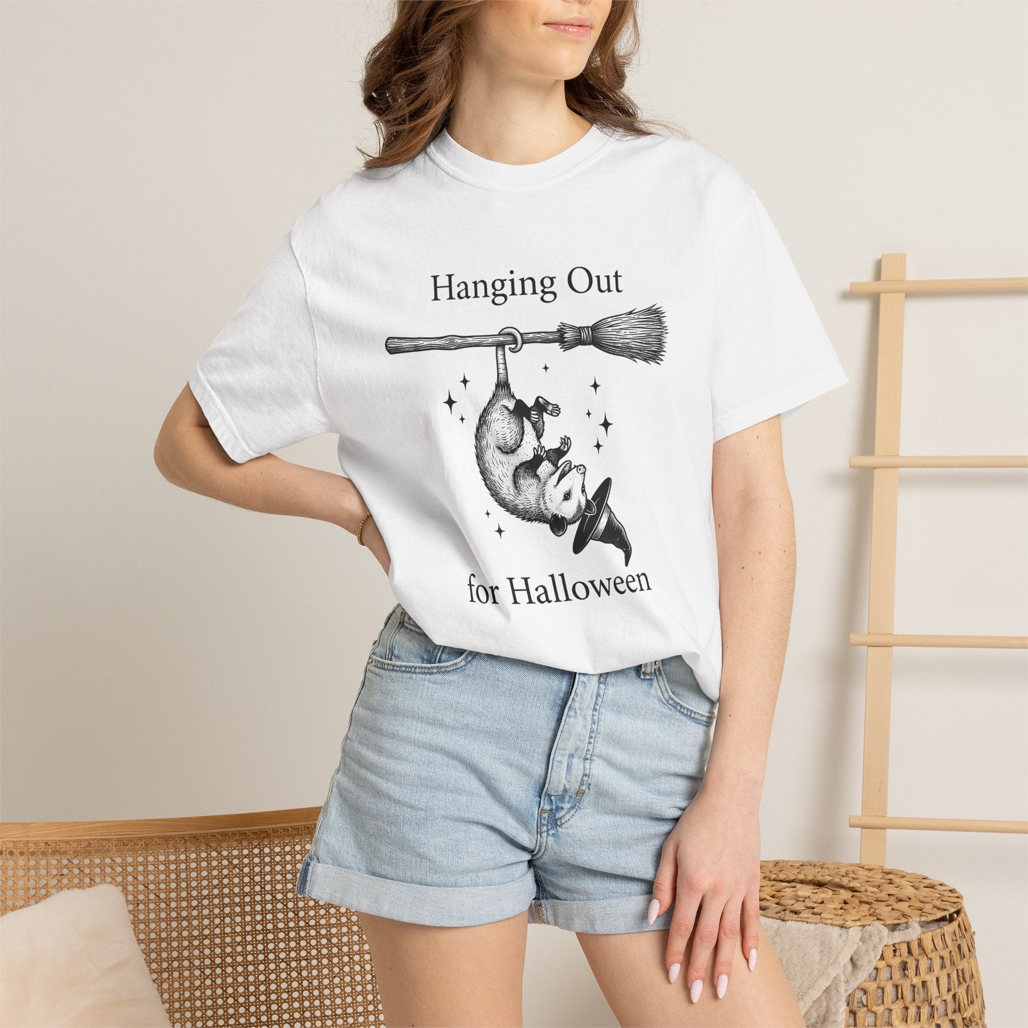 Possum Flying Broom Shirt Halloween Creatures Gift Women Line Art Tee Opossum T-Shirt Spooky Fan Minimalist Tshirt Monster Graphic Rustic