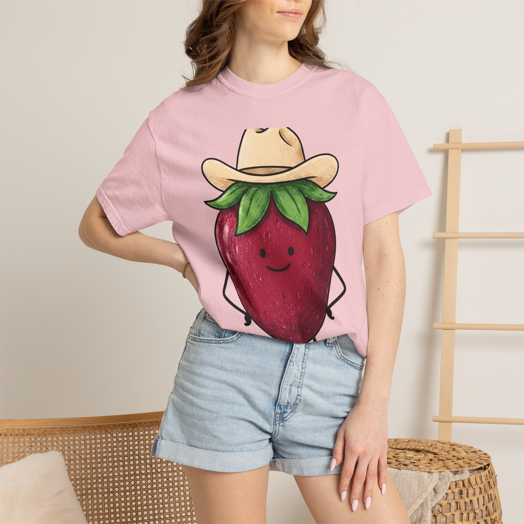 Strawberry Cowboy Shirt Cowgirl Fruit Gift Women Cartoon Tee Cowboy T-Shirt Rodeo Fan Comic Tshirt Berry Illustration Doodle Cowboy Hat