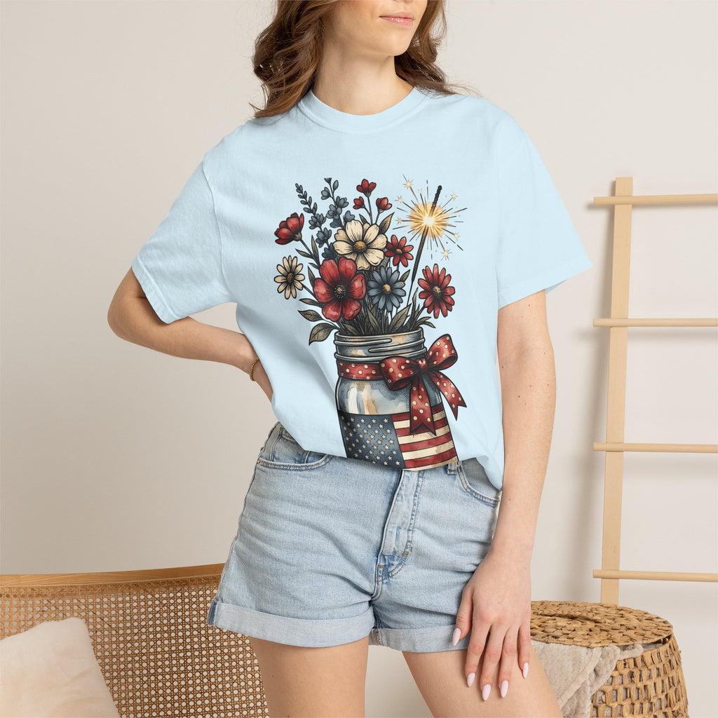 Jar Flower Bouquet Shirt 4th Of July Blooms Gift Women Retro Tee Floral Arrangement T-Shirt Independence Day Fan Vintage Tshirt Flower