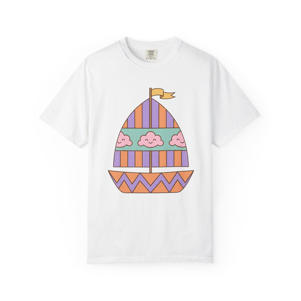 Sailboat Drawing Shirt Cute Ocean Gift Women Cartoon Tee Boat T-Shirt Kawaii Fan Sailing Graphic Tshirt Hand Drawn Cheerful Clouds Tshirt