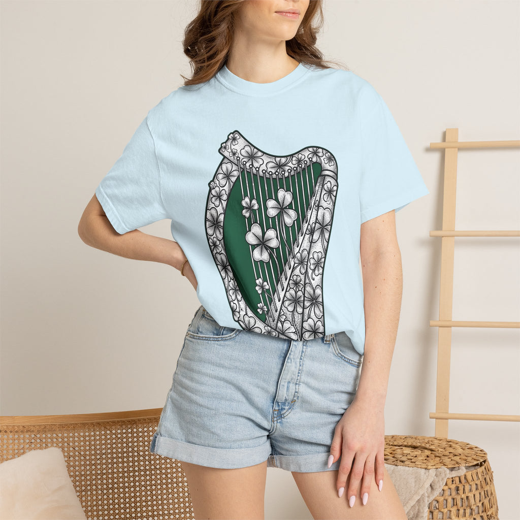 Shamrock Harp Shirt St Patrick's Day Gaelic Gift Women Line Art Tee Harp T-Shirt Patrick's Day Fan Celtic Graphic Tshirt Hand Drawn Clover