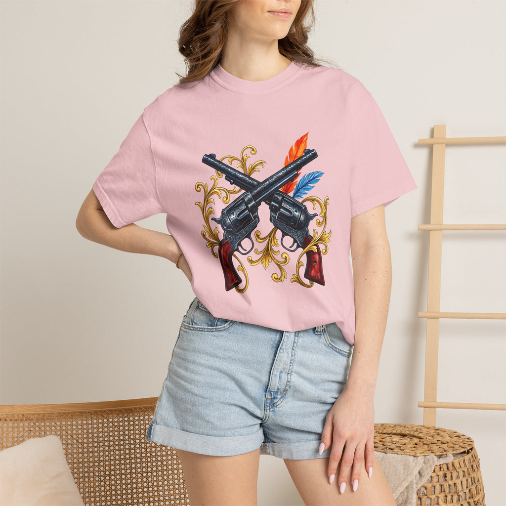 Crossed Revolvers Shirt Cowgirl Country Gift Women Western Tee Guns T-Shirt Cowboy Fan Rustic Tshirt Rural Graphic Vintage Feathers Tshirt