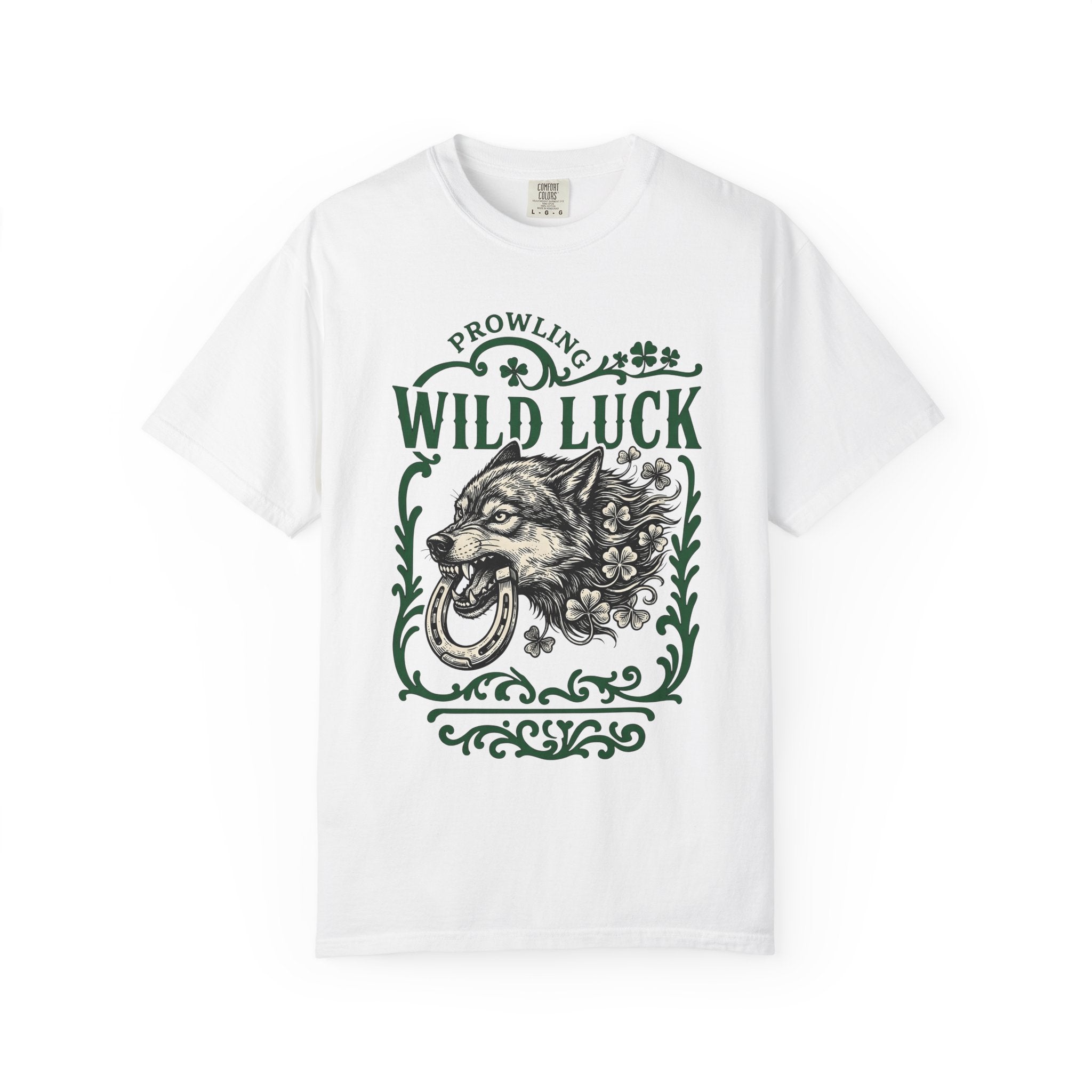 Wolf Head Shirt St Patrick's Day Animal Gift Women Tattoo Tee Wolf T-Shirt Luck Fan Traditional Tshirt Creature Graphic Vintage Horseshoe
