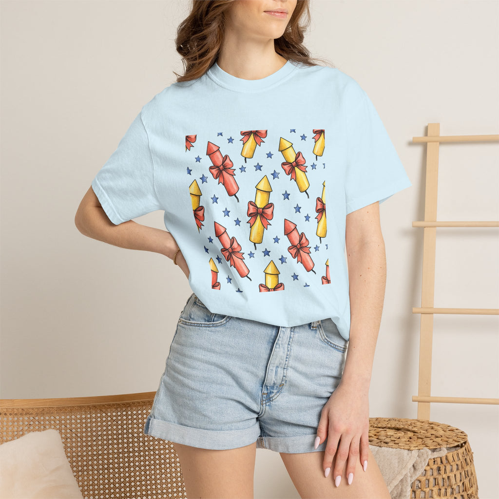 Firework Rockets Shirt 4th Of July Independence Gift Women Cartoon Tee Fireworks T-Shirt Patriot Fan Comic Tshirt Liberty Graphic Line Art