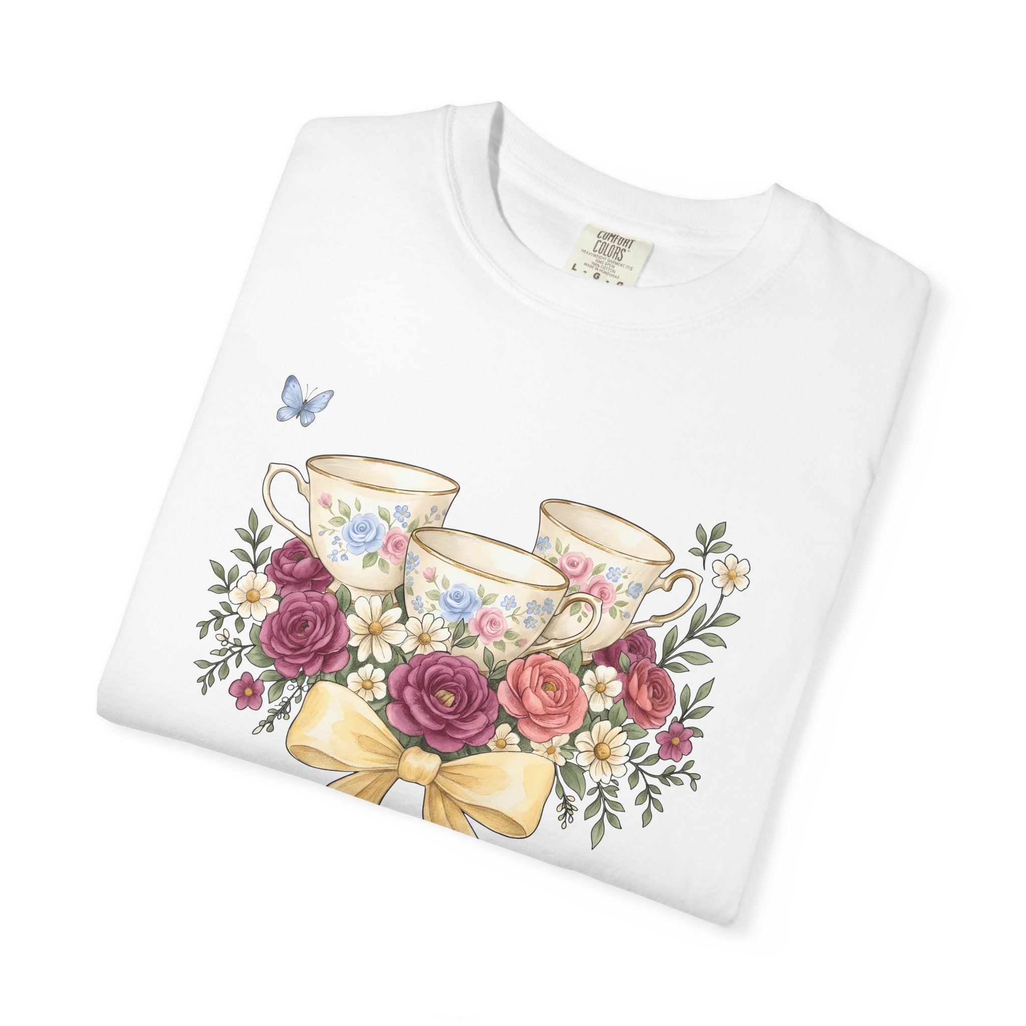 Flower Tea Cups Shirt Easter Blossoms Gift Women Paint Tee Teacup T-Shirt Spring Fan Artistic Tshirt Floral Graphic Retro Ribbon Tshirt