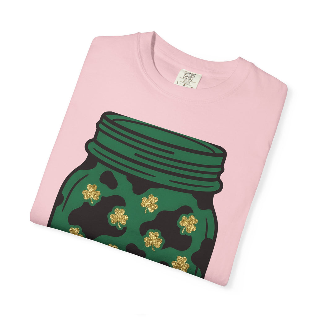 Shamrock Jar Shirt St Patricks Day Luck Gift Women Glitter Tee Mason Jar T-Shirt St Patricks Fan Sparkly Tshirt Fortune Graphic Retro Clover