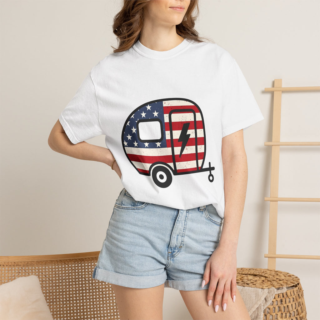 Camper Flag Shirt 4th Of July Camping Gift Women Vintage Tee Flag T-Shirt Patriot Fan Retro Tshirt Outdoor Graphic Distressed Lightning Bolt