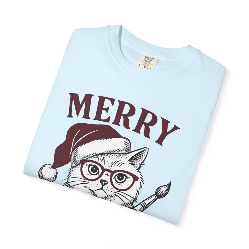 Cat Santa Hat Shirt Cat Christmas Gift Women Hand Drawn Tee Kitty Cat T-Shirt Feline Fan Illustrated Graphic Christmas Design Vintage