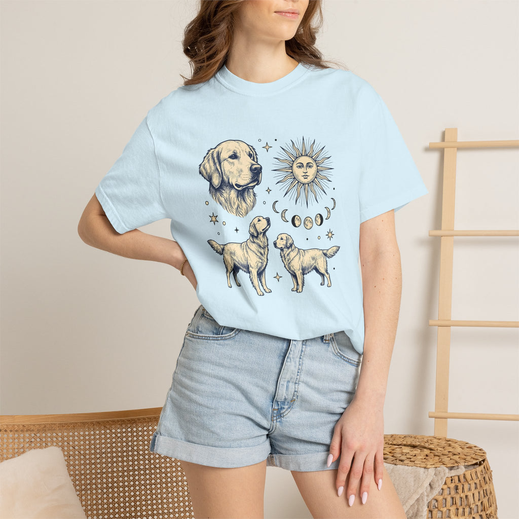 Golden Retriever Shirt Dog Planets Gift Women Sketch Tee Retriever T-Shirt Dog Fan Puppy Tshirt Universe Graphic Galaxy Moon Phases Tshirt
