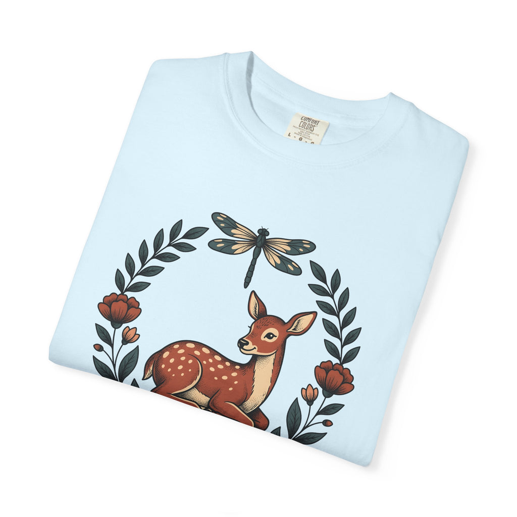 Young Deer Art Shirt Animals Fauna Gift Women Plant Tee Fawn T-Shirt Wildlife Fan Botanical Tshirt Wildlife Graphic Sketch Winged Insect