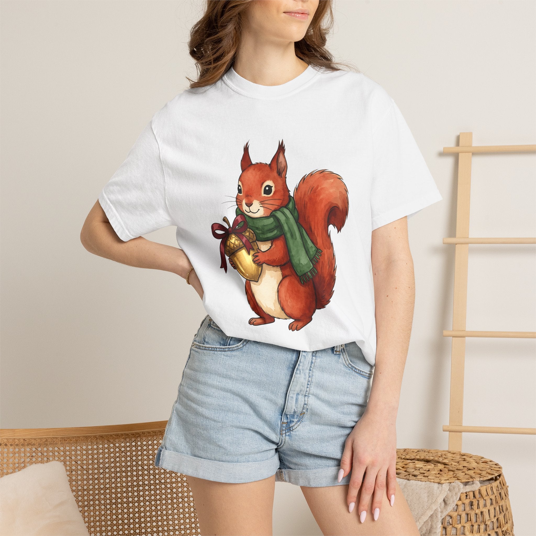 Squirrel Scarf Shirt Christmas Wildlife Gift Women Playful Tee Squirrely T-Shirt Xmas Fan Animal Graphic Tshirt Brush Stroke Nut Tshirt