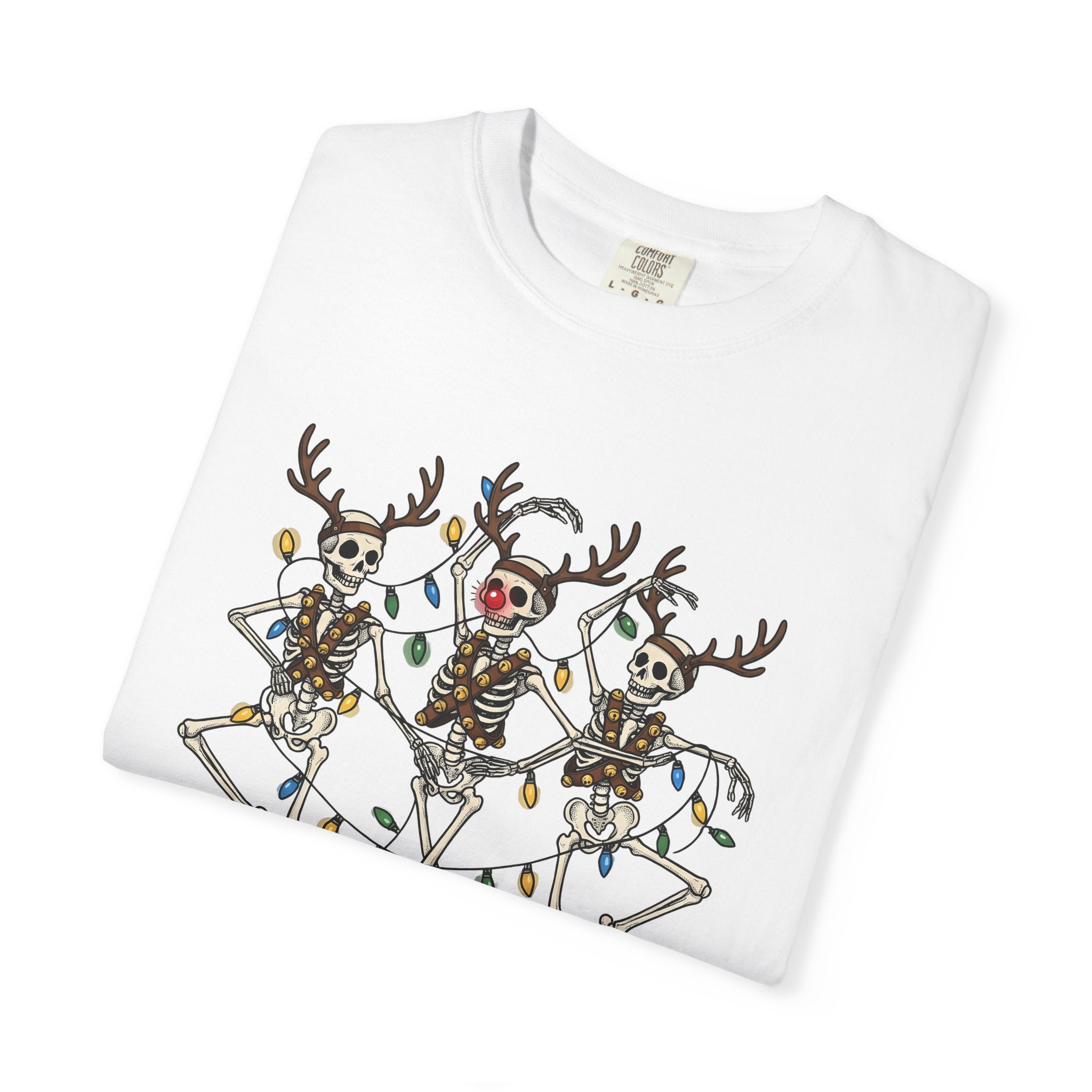 Skull Deer Shirt Christmas Satire Gift Women Animated Tee Antler T-Shirt Xmas Fan Cartoon Tshirt Parody Graphic Sketch Festive Lights Tshirt