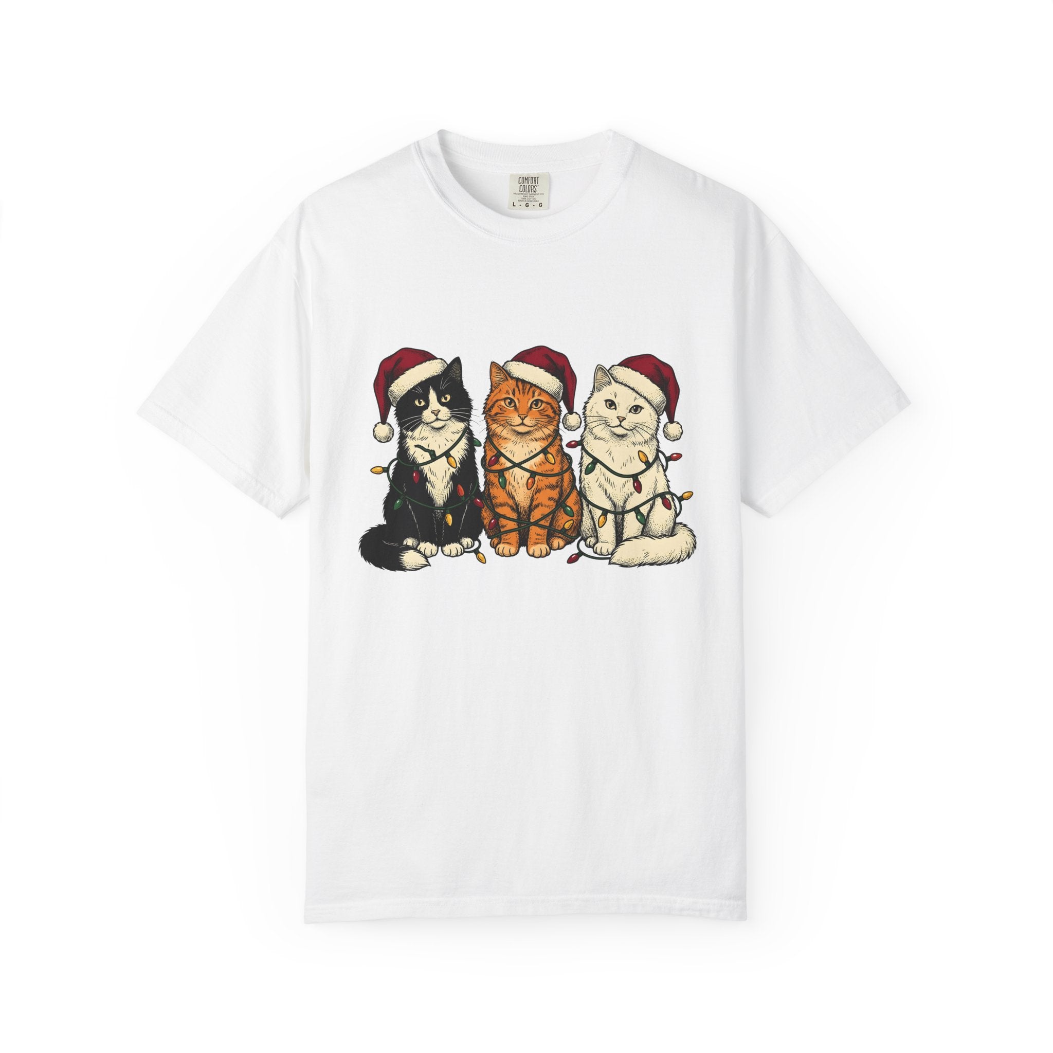 Cat Group Shirt Christmas Animals Gift Women Sketch Tee Kittens T-Shirt Xmas Fan Feline Tshirt Creature Graphic Retro Holiday Lights Tshirt