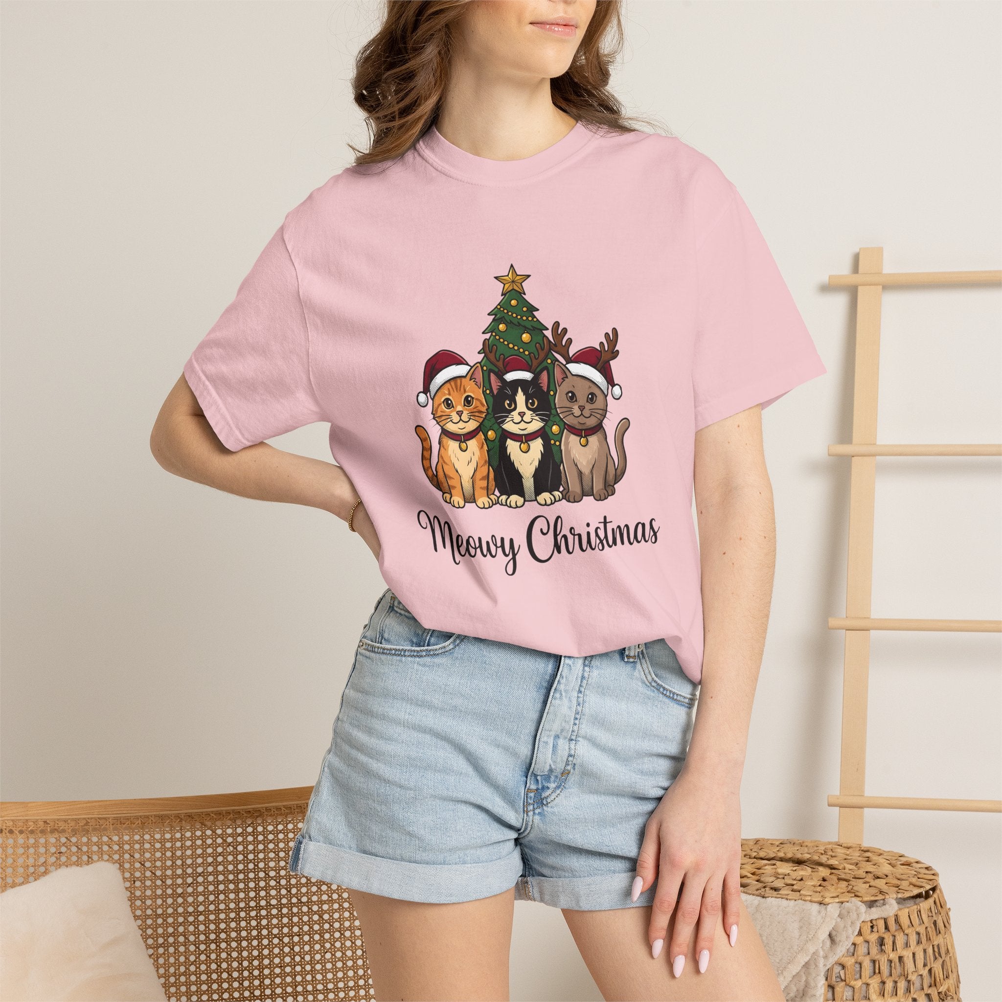 Festive Cats Shirt Christmas Feline Gift Women Illustration Tee Kitty T-Shirt Xmas Fan Cat Graphic Catty Doodle Design Doodle Pine Tree