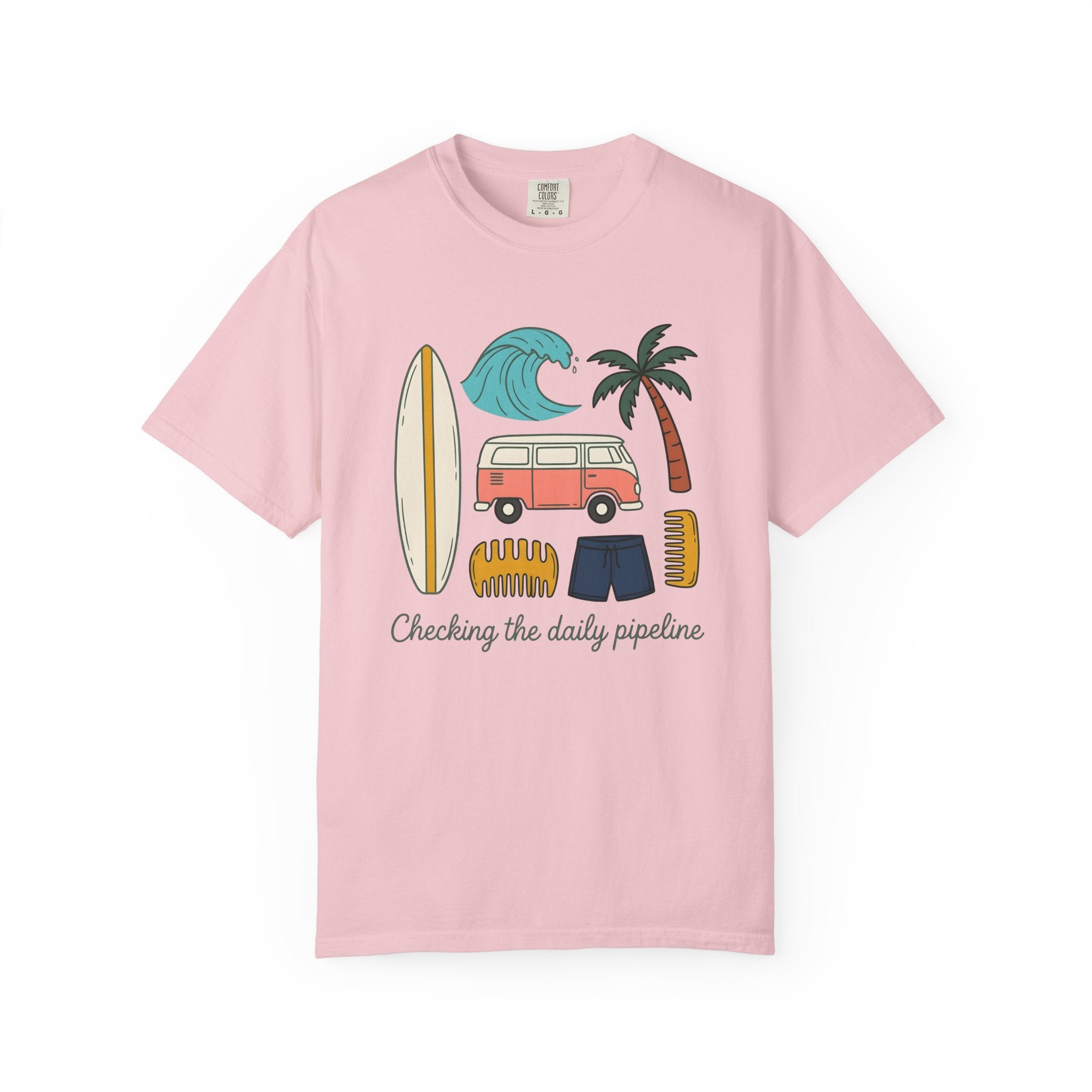 Beach Van Surfboard Shirt Surfing Ocean Gift Women Line Art Tee Camper Van T-Shirt Surfer Enthusiast Illustration Tshirt Sea Graphic Classic