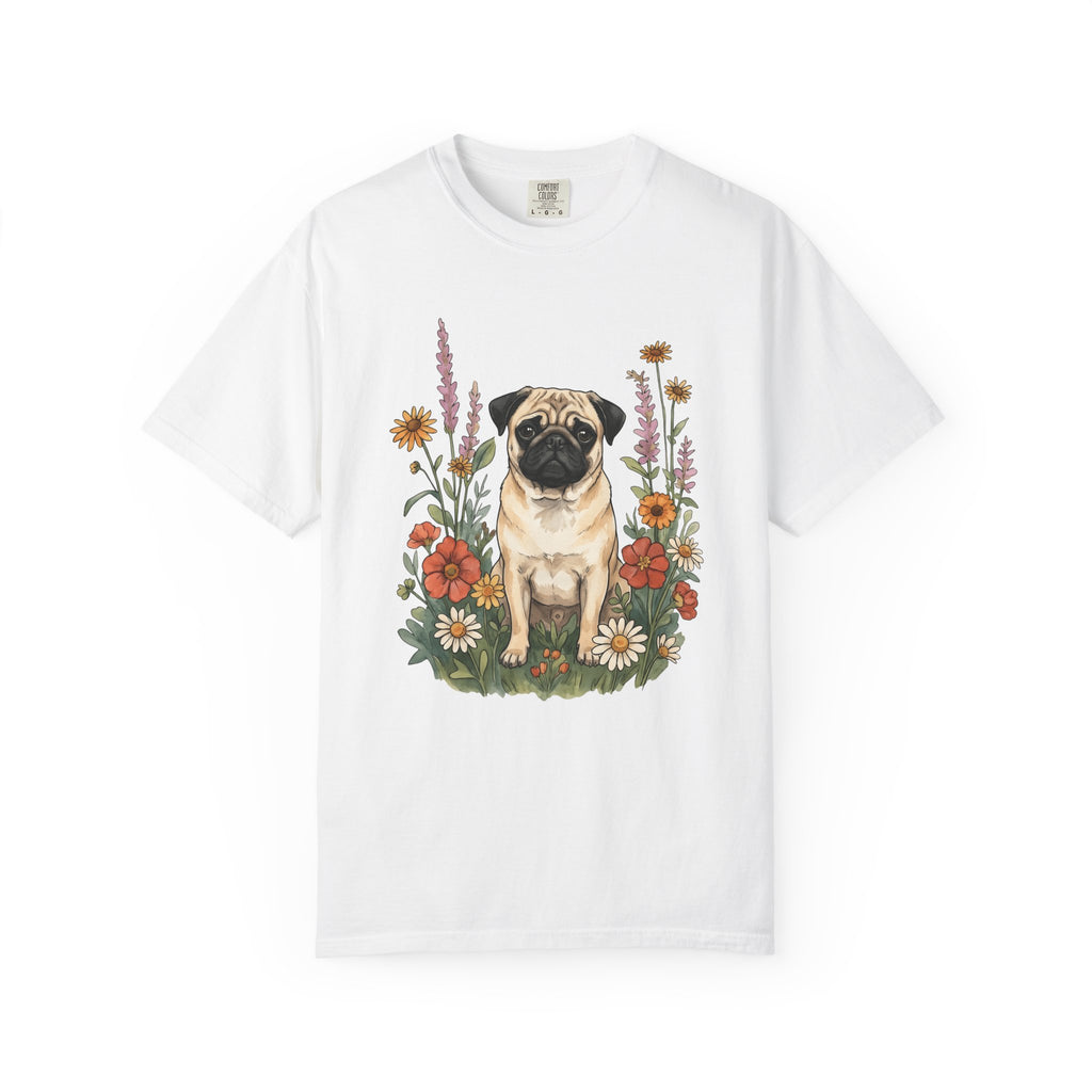 Pug Pet Shirt Dog Blossoms Gift Women Gouache Tee Pug T-Shirt Dog Fan Painter Tshirt Floral Graphic Contour Wild Blooms Tshirt