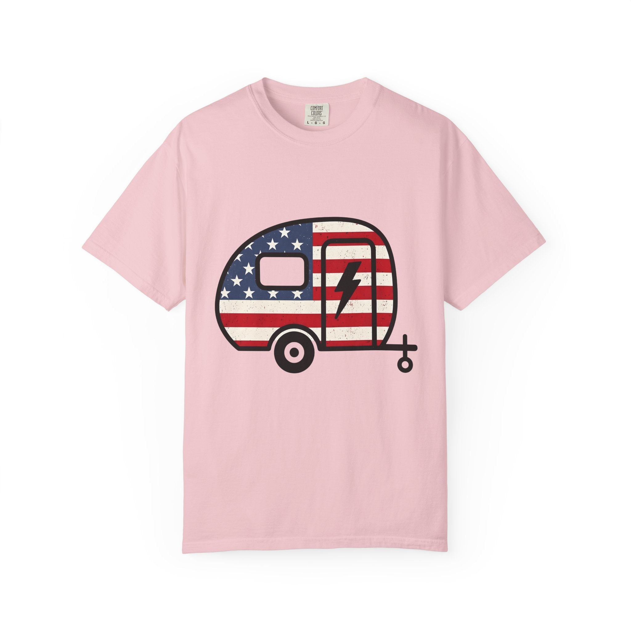 Camper Flag Shirt 4th Of July Camping Gift Women Vintage Tee Flag T-Shirt Patriot Fan Retro Tshirt Outdoor Graphic Distressed Lightning Bolt
