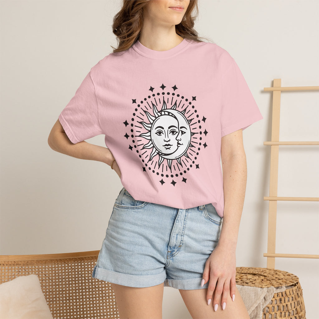 Sun Moon Faces Shirt Boho Chic Cosmos Gift Women Fantasy Tee Celestial T-Shirt Bohemian Enthusiast Mystical Tshirt Galaxy Graphic Gypsy