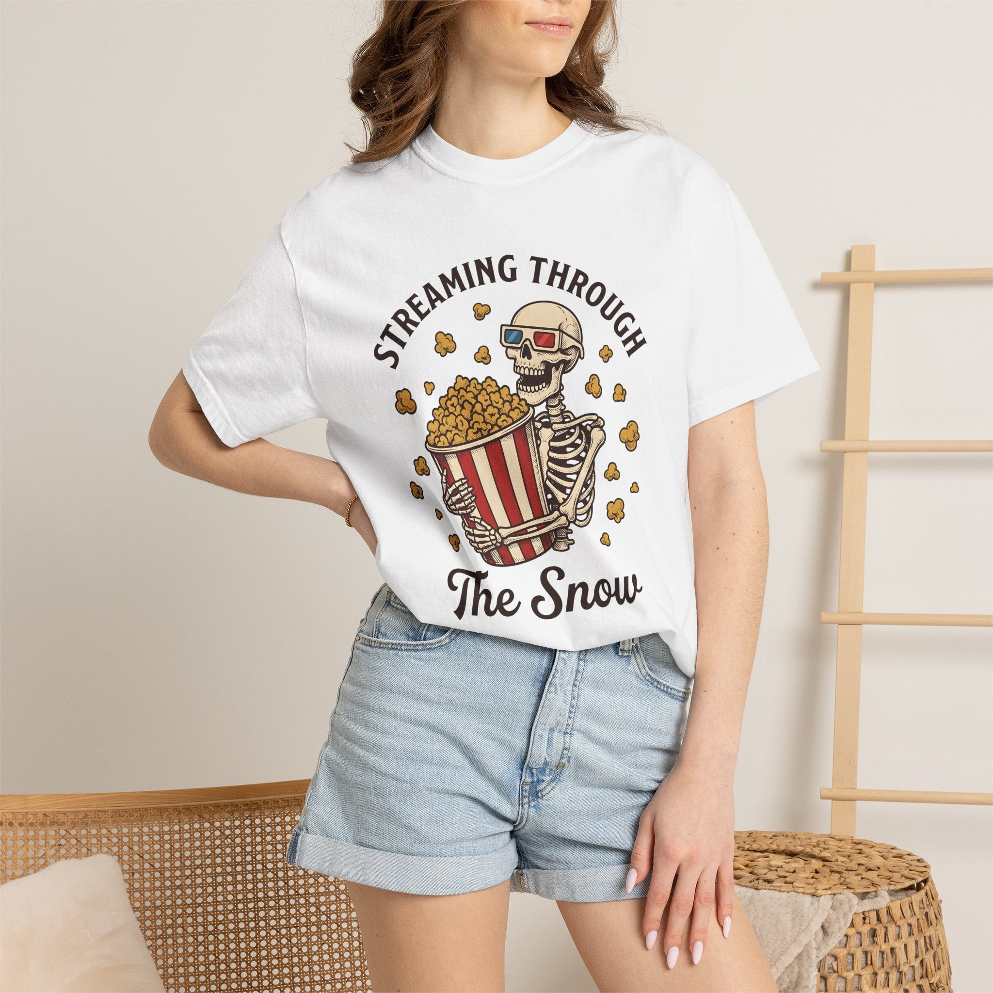 Skeleton Popcorn Shirt Skeleton Cinema Gift Women Cartoon Tee Popcorn T-Shirt Skeleton Fan Cartoon Tshirt Movie Graphic Hand Drawn 3d