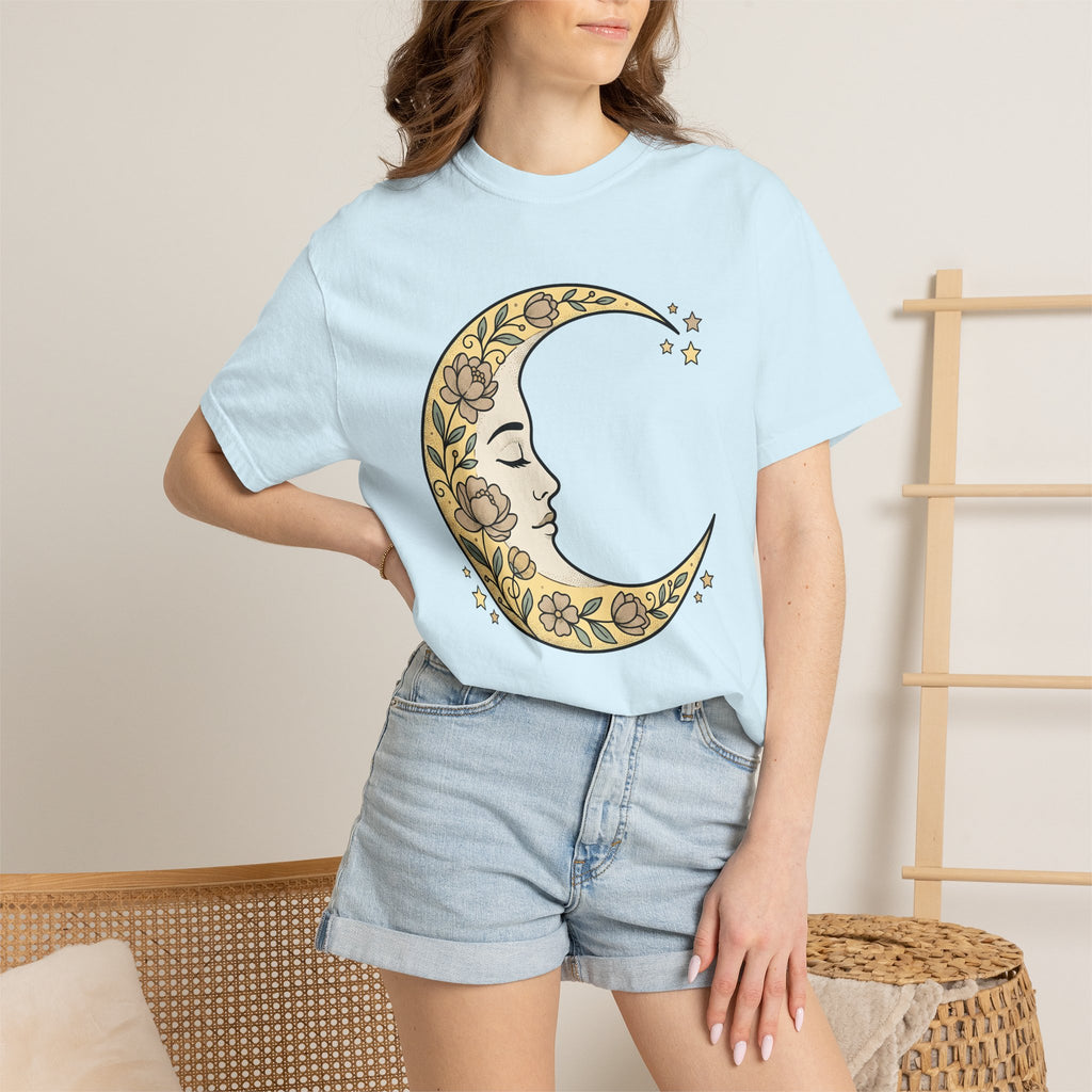 Moon Visage Shirt Floral Zodiac Gift Women Tribal Tee Lunar T-Shirt Flower Fan Primitive Tshirt Astrology Graphic Antique Petals Tshirt