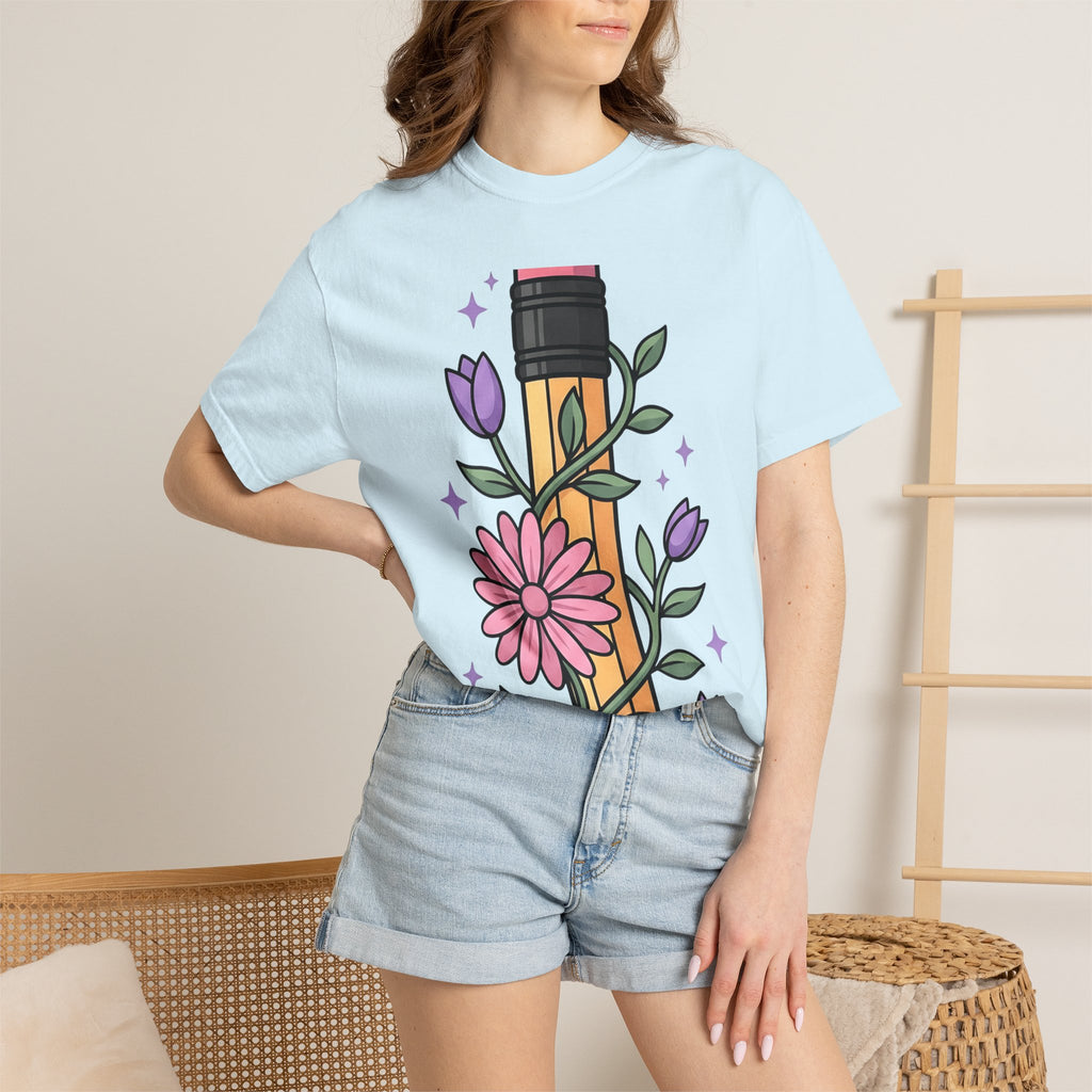 Hand Drawn Flowers Shirt Teachers Greenery Gift Women Line Art Tee Floral T-Shirt Educator Enthusiast Illustration Graphic Doodle Tshirt