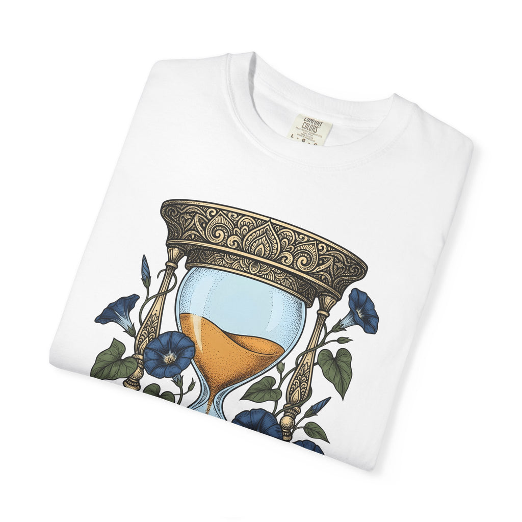 Hourglass Floral Shirt Boho Chic Botanical Gift Women Tattoo Tee Sand Timer T-Shirt Bohemian Fan Ink Tshirt Floral Graphic Vintage Blue