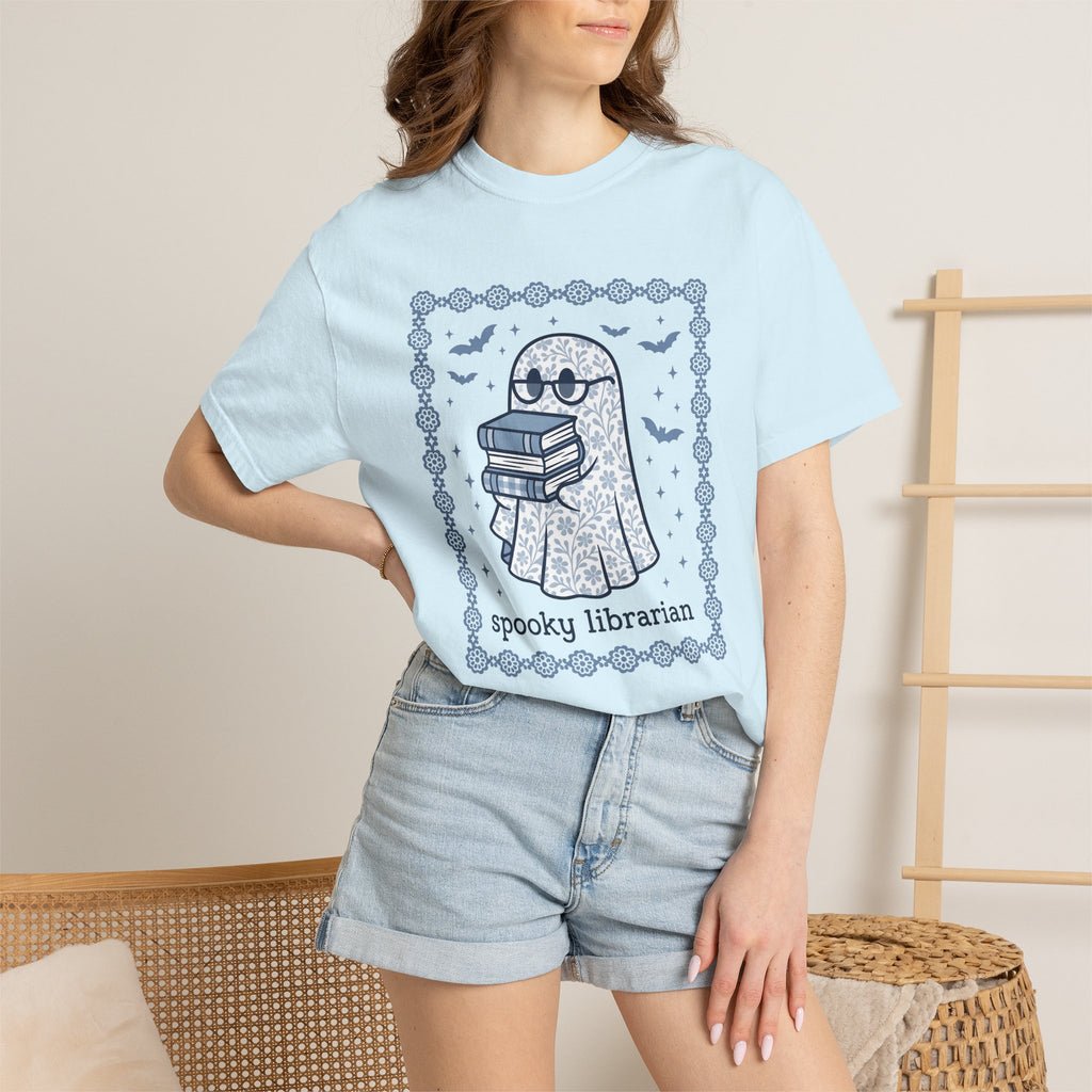 Ghost Books Shirt Librarian Halloween Gift Women Floral Graphic Tee Book T-Shirt Library Enthusiast Illustrated Graphic Spooky Illustration