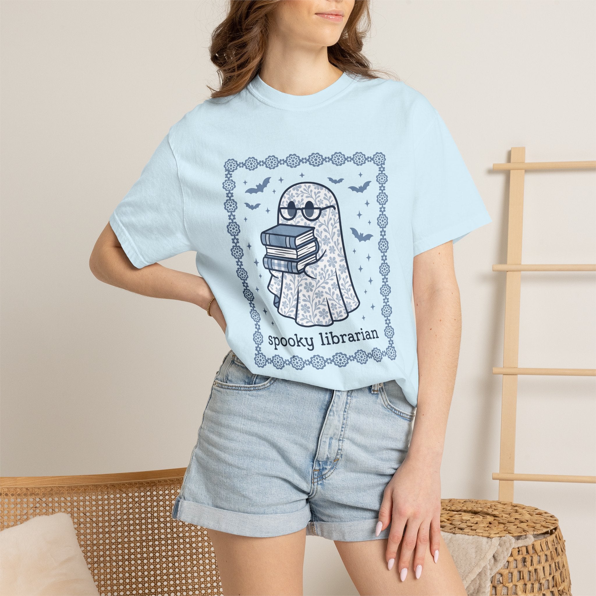 Ghost Books Shirt Librarian Halloween Gift Women Floral Graphic Tee Book T-Shirt Library Enthusiast Illustrated Graphic Spooky Illustration