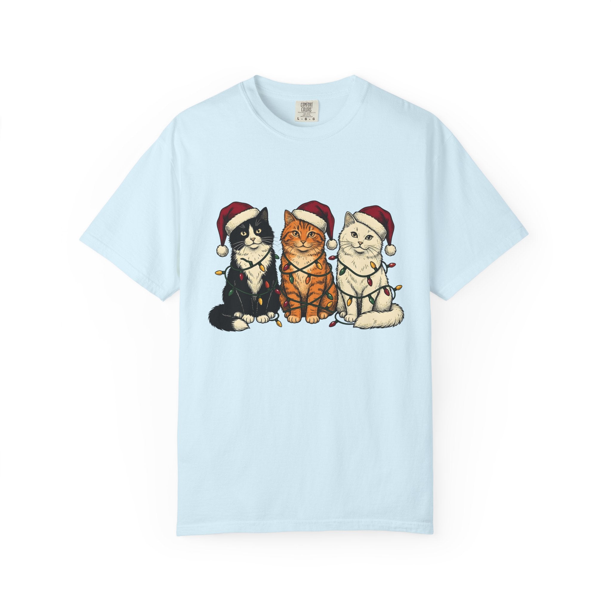 Cat Group Shirt Christmas Animals Gift Women Sketch Tee Kittens T-Shirt Xmas Fan Feline Tshirt Creature Graphic Retro Holiday Lights Tshirt
